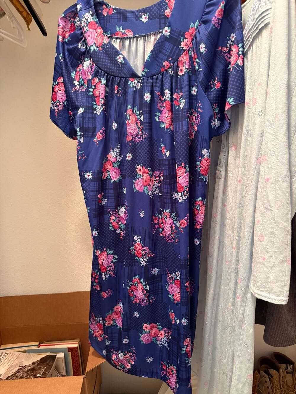 Casual Nights Short Sleeve Muumuu Lounger Dress Navy Floral